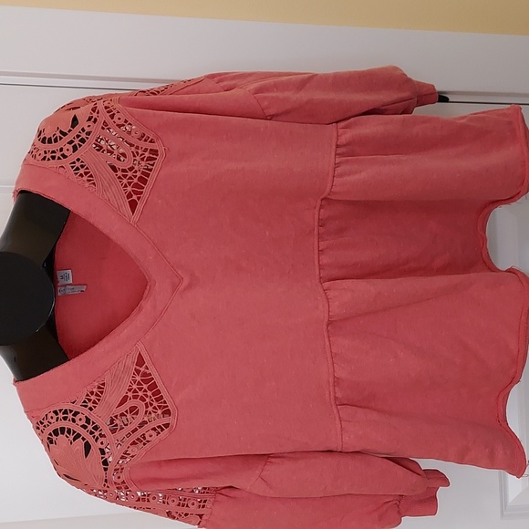 Est. 1948 Cute Coral Peplum  Lace Shoulder Top - Picture 5 of 10